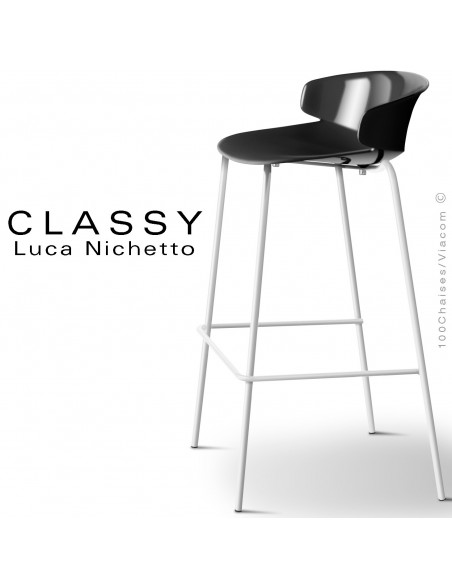 Tabouret CLASSY, piétement acier peint blanc signalisation, coque plastique noir foncé.