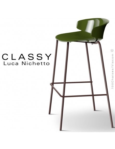 Tabouret CLASSY, piétement acier peint brun chocolat, coque plastique vert olive.