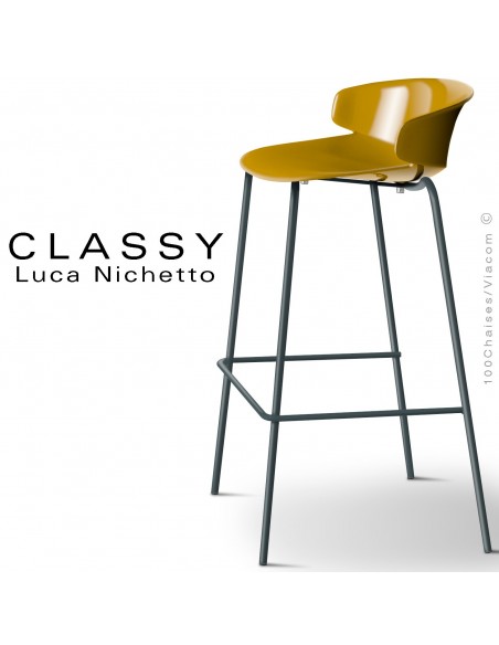 Tabouret CLASSY, piétement acier peint gris anthracite, coque plastique jaune curry.