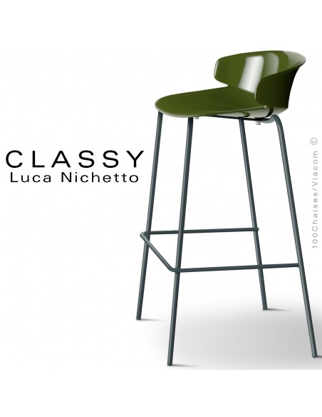 Tabouret CLASSY, piétement acier peint gris anthracite, coque plastique vert olive.