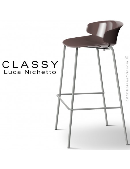 Tabouret CLASSY, piétement acier peint gris poussière opaque, coque plastique argile.