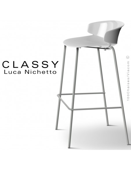 Tabouret CLASSY, piétement acier peint gris poussière opaque, coque plastique blanc signalisation.