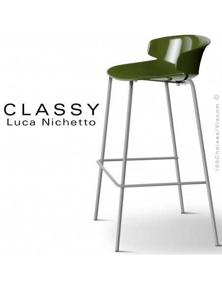 Tabouret CLASSY, piétement acier peint gris poussière opaque, coque plastique vert olive.