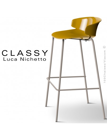 Tabouret CLASSY, piétement acier peint gris tourterelle, coque plastique jaune curry.