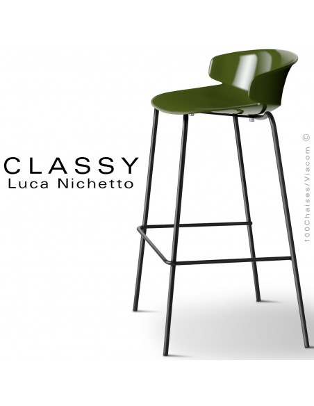 Tabouret CLASSY, piétement acier peint noir foncé, coque plastique vert olive.