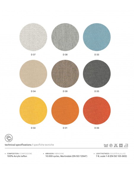 Palette couleur tissu coussin d'assise fauteuil lounge design PASHA en polycarbonate.