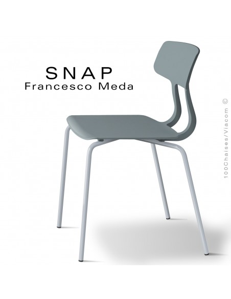 Chaise SNAP, piétement acier peint aluminium blanc, assise coque plastique couleur gris petit gris