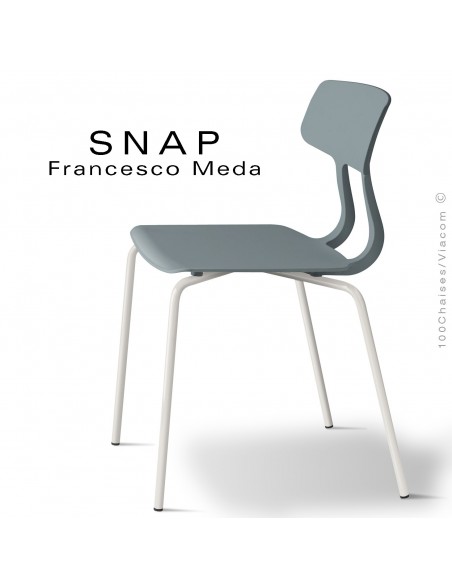 Chaise SNAP, piétement acier peint blanc pur, assise coque plastique couleur gris petit gris.
