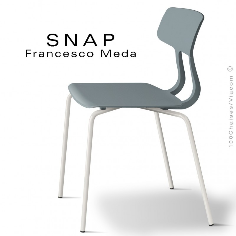 Chaise SNAP, piétement acier peint blanc pur, assise coque plastique couleur gris petit gris.