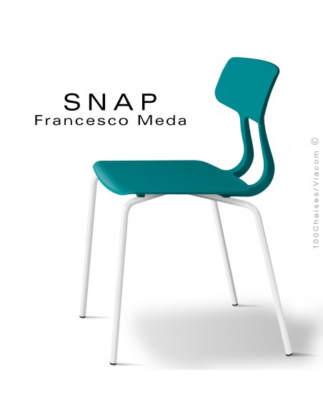 Chaise SNAP, piétement acier peint blanc signalisation, assise coque plastique couleur bleu d'eau.