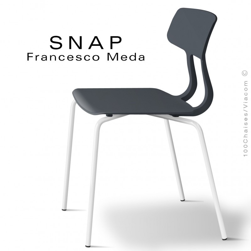 Chaise SNAP, piétement acier peint blanc signalisation, assise coque plastique couleur gris anthracite.