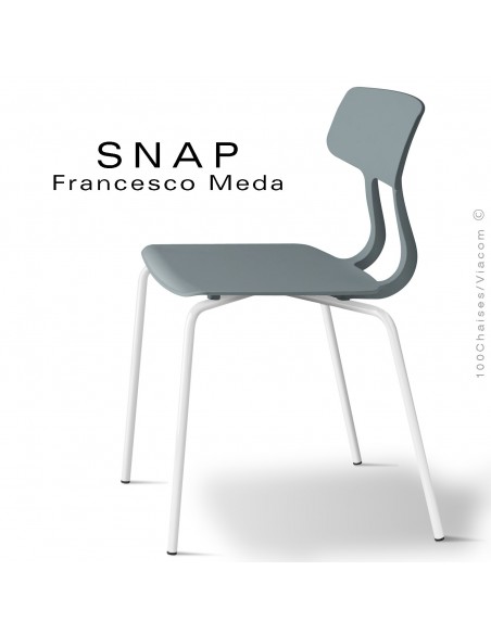 Chaise SNAP, piétement acier peint blanc signalisation, assise coque plastique couleur gris petit gris.