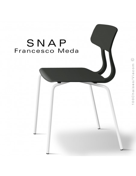 Chaise SNAP, piétement acier peint blanc signalisation, assise coque plastique couleur noir foncé.