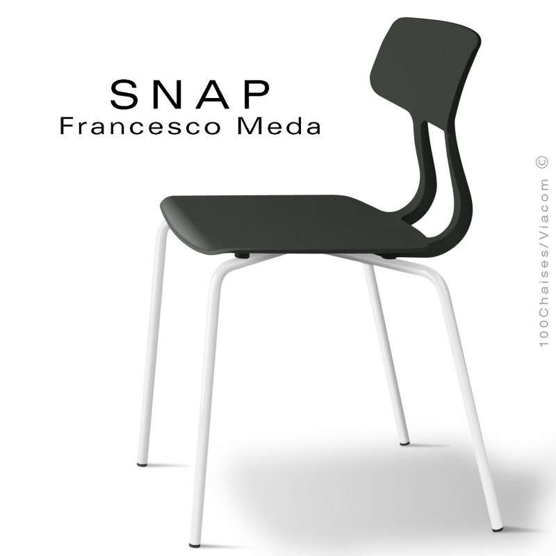 Chaise SNAP, piétement acier peint blanc signalisation, assise coque plastique couleur noir foncé.