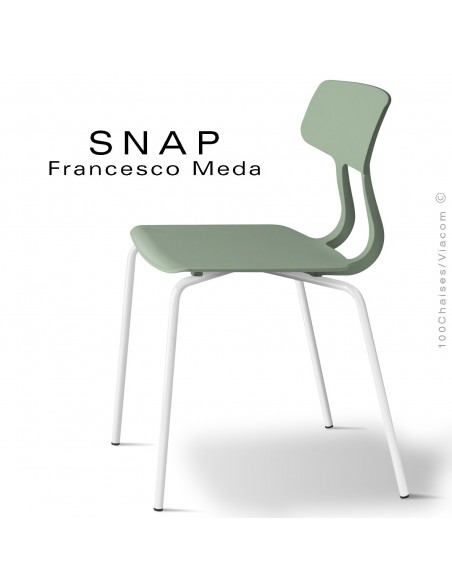 Chaise SNAP, piétement acier peint blanc signalisation, assise coque plastique couleur pistache.