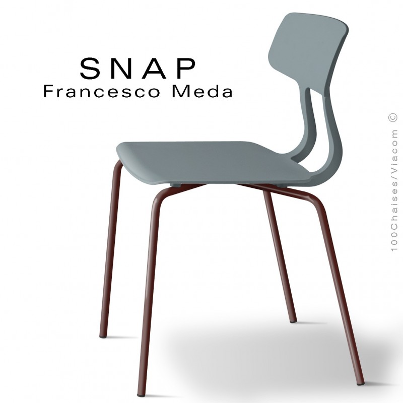 Chaise SNAP, piétement acier peint brun chocolat, assise coque plastique couleur gris petit gris.