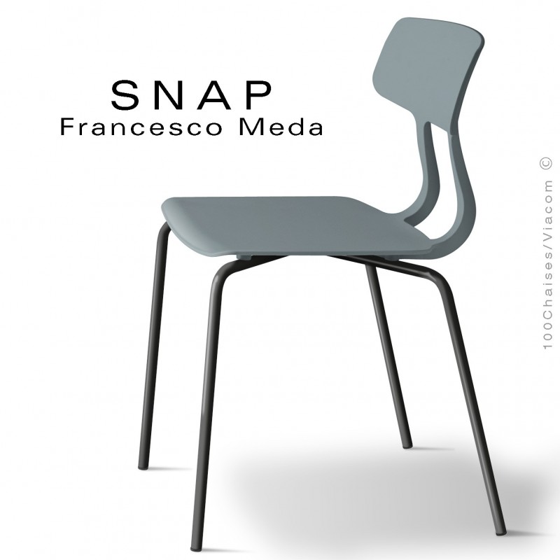 Chaise SNAP, piétement acier peint noir foncé, assise coque plastique couleur gris petit gris.
