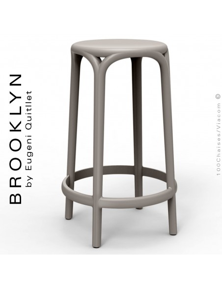 Tabouret de cuisine ou d'extérieur, terrasse BROOKLYN, structure et assise coque plastique couleur gris Tourterelle.