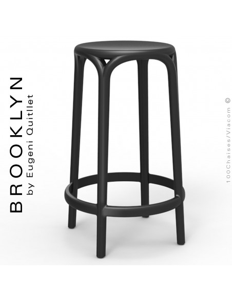 Tabouret de cuisine ou d'extérieur, terrasse BROOKLYN, structure et assise coque plastique couleur noir.