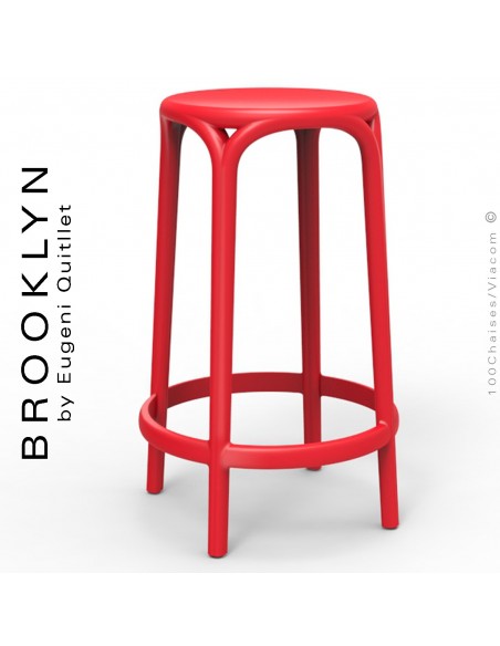 Tabouret de cuisine ou d'extérieur, terrasse BROOKLYN, structure et assise coque plastique couleur rouge.