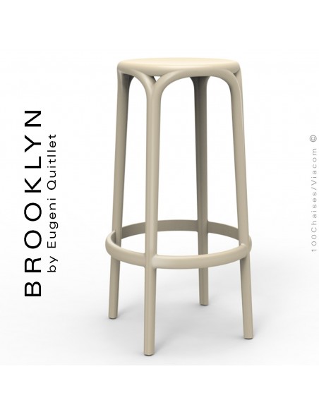 Tabouret de bar d'extérieur ou terrasse BROOKLYN, structure et assise coque plastique couleur écru.