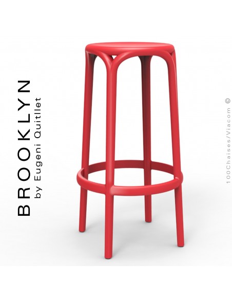 Tabouret de bar d'extérieur ou terrasse BROOKLYN, structure et assise coque plastique couleur rouge.