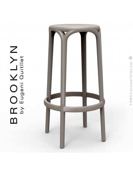 Tabouret de bar d'extérieur ou terrasse BROOKLYN, structure et assise coque plastique couleur gris Tourterelle.