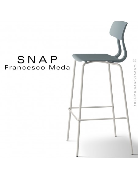 Tabouret de bar SNAP, piétement acier peint blanc pur, assise coque plastique couleur gris petit gris.