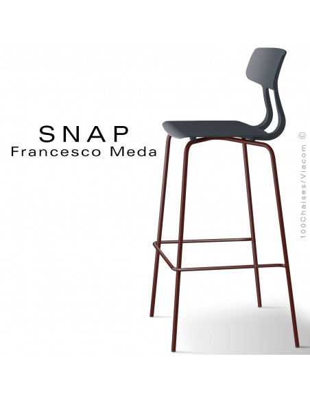 Tabouret de bar SNAP, piétement acier peint brun chocolat, assise coque plastique couleur gris anthracite.