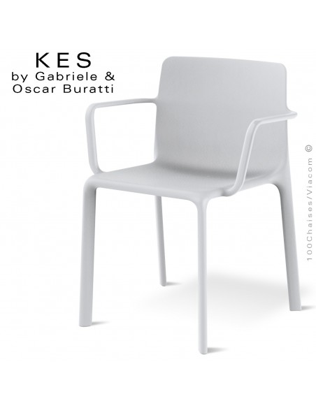 Fauteuil design KES, pour terrasse et extérieur avec accoudoirs, structure et assise coque plastique blanche - Lot de 4 pièces.