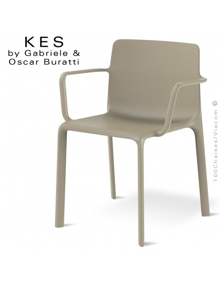 Fauteuil design KES, pour terrasse et extérieur avec accoudoirs, structure et assise coque plastique écru - Lot de 4 pièces.