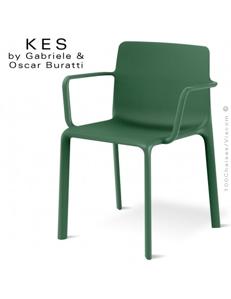 Fauteuil design KES, pour terrasse et extérieur avec accoudoirs, structure et assise plastique couleur vert Pickle.