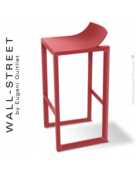 Tabouret de bar design WALL-STREET, structure et assise coque plastique couleur rouge.