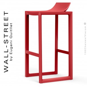 Tabouret de bar design WALL-STREET, structure et assise coque plastique couleur rouge.