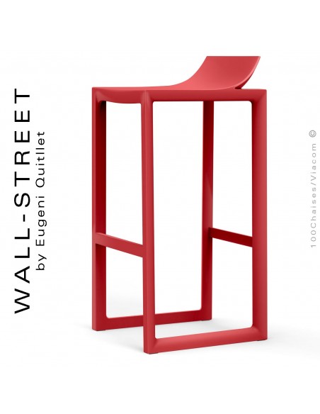 Tabouret de bar design WALL-STREET, structure et assise coque plastique couleur rouge.