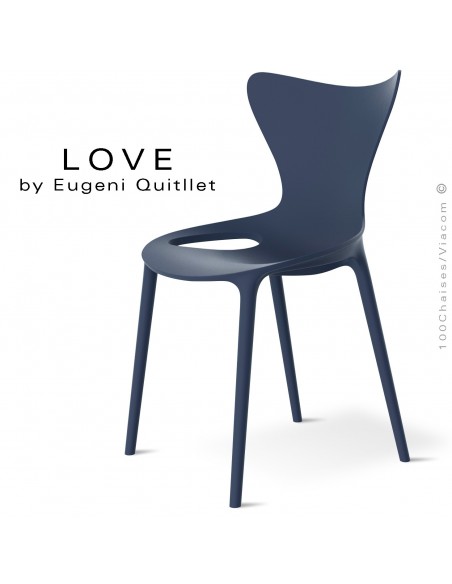 Chaise design LOVE, structure et assise coque plastique couleur bleu Navy.