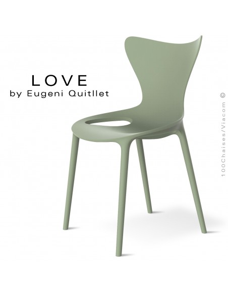 Chaise design LOVE, structure et assise coque plastique couleur vert Almond.