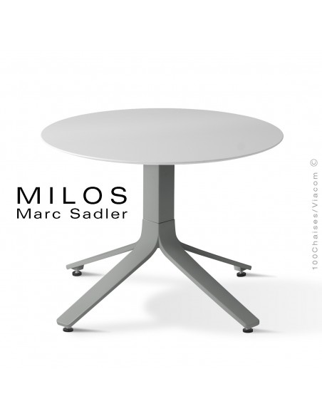Table basse MILOS, plateau HPL 60 fullcolor blanc, pied aluminium peint gris poussière opaque.