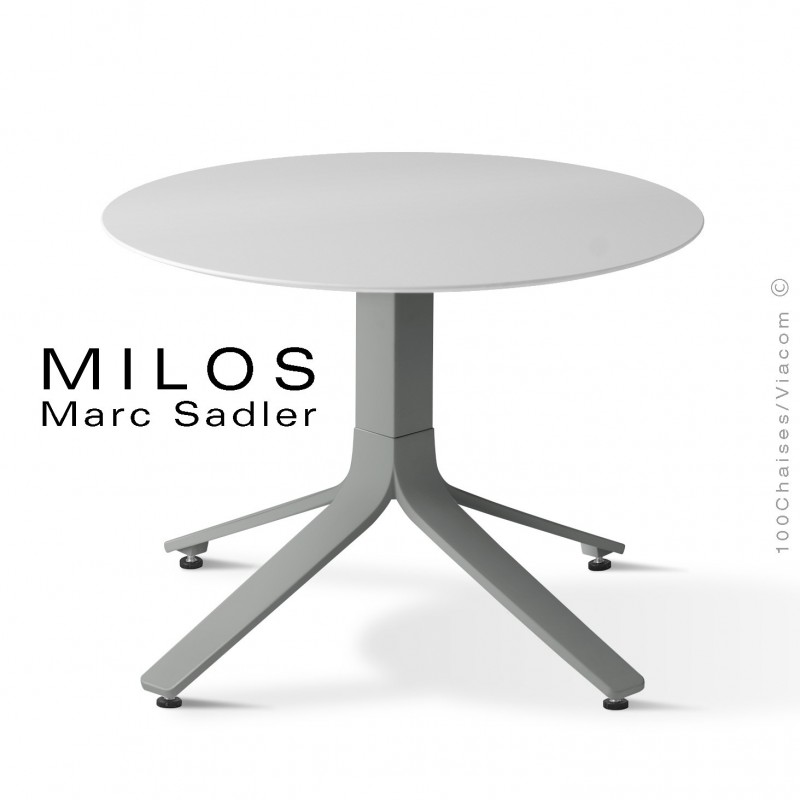 Table basse MILOS, plateau HPL 60 fullcolor blanc, pied aluminium peint gris poussière opaque.