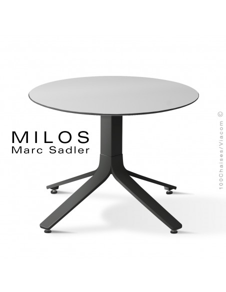 Table basse MILOS, plateau HPL 60 blanc, pied aluminium peint noir foncé.