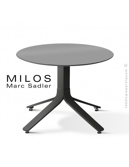 Table basse MILOS, plateau HPL 60 gris argent, pied aluminium peint noir foncé.