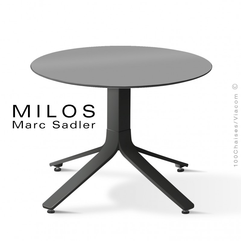 Table basse MILOS, plateau HPL 60 gris argent, pied aluminium peint noir foncé.