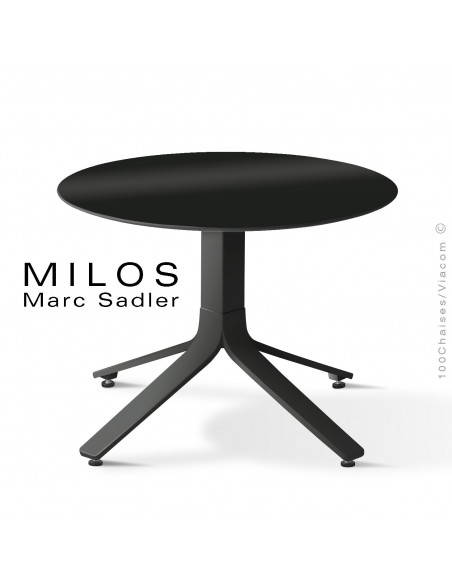 Table basse MILOS, plateau HPL 60 noir, pied aluminium peint noir foncé.