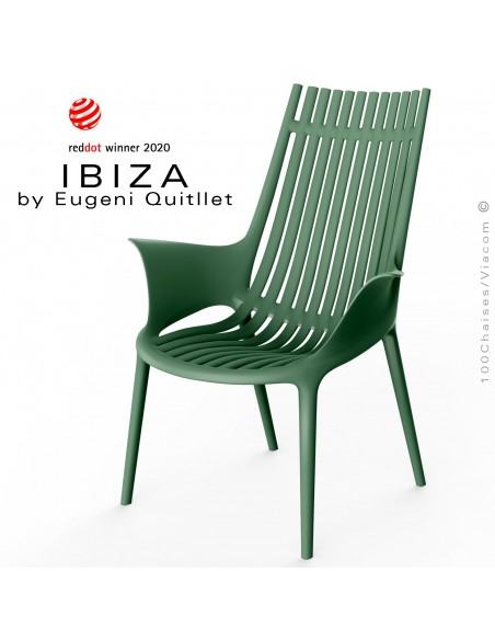 Fauteuil lounge design IBIZA, structure, assise et accoudoirs coque plastique couleur vert Pickle.