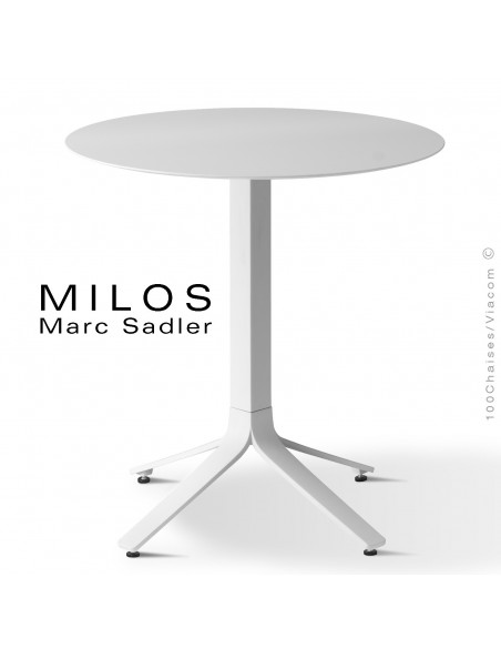 Table MILOS, plateau HPL 60 fullcolor, pied aluminium blanc signalisation.