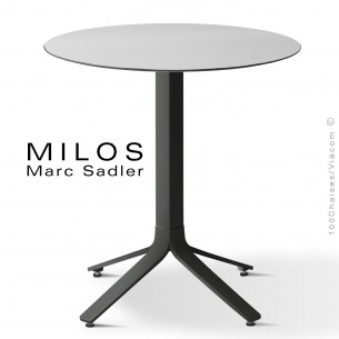 Table MILOS, plateau HPL 60 blanc, pied aluminium noir foncé.