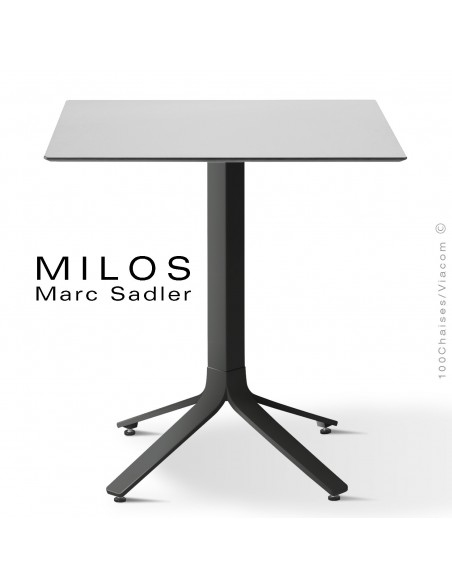 Table MILOS, plateau HPL 60x60 blanc, pied aluminium noir foncé.