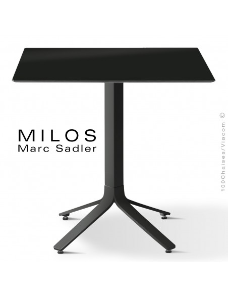 Table MILOS, plateau HPL 70x70 noir, pied aluminium noir foncé.