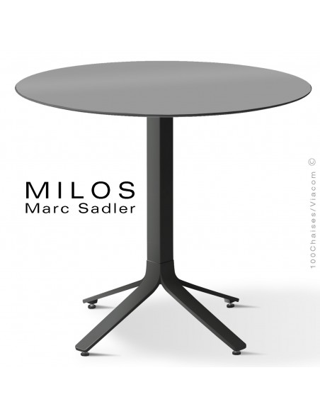 Table MILOS, plateau HPL 80 gris, pied aluminium noir foncé.