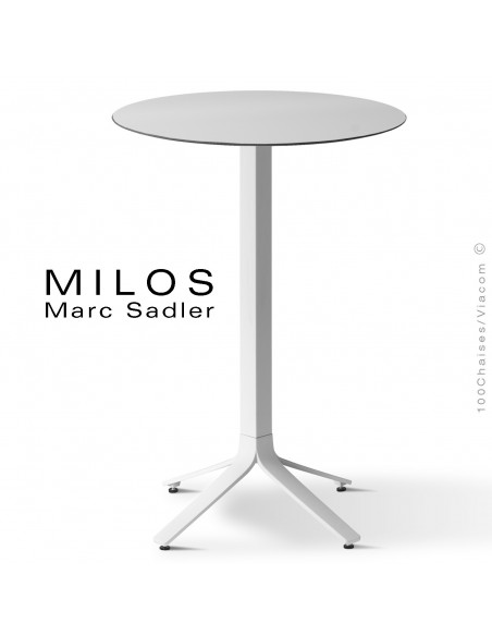 Table mange debout MILOS, plateau HPL 60 blanc, pied aluminium peint blanc.